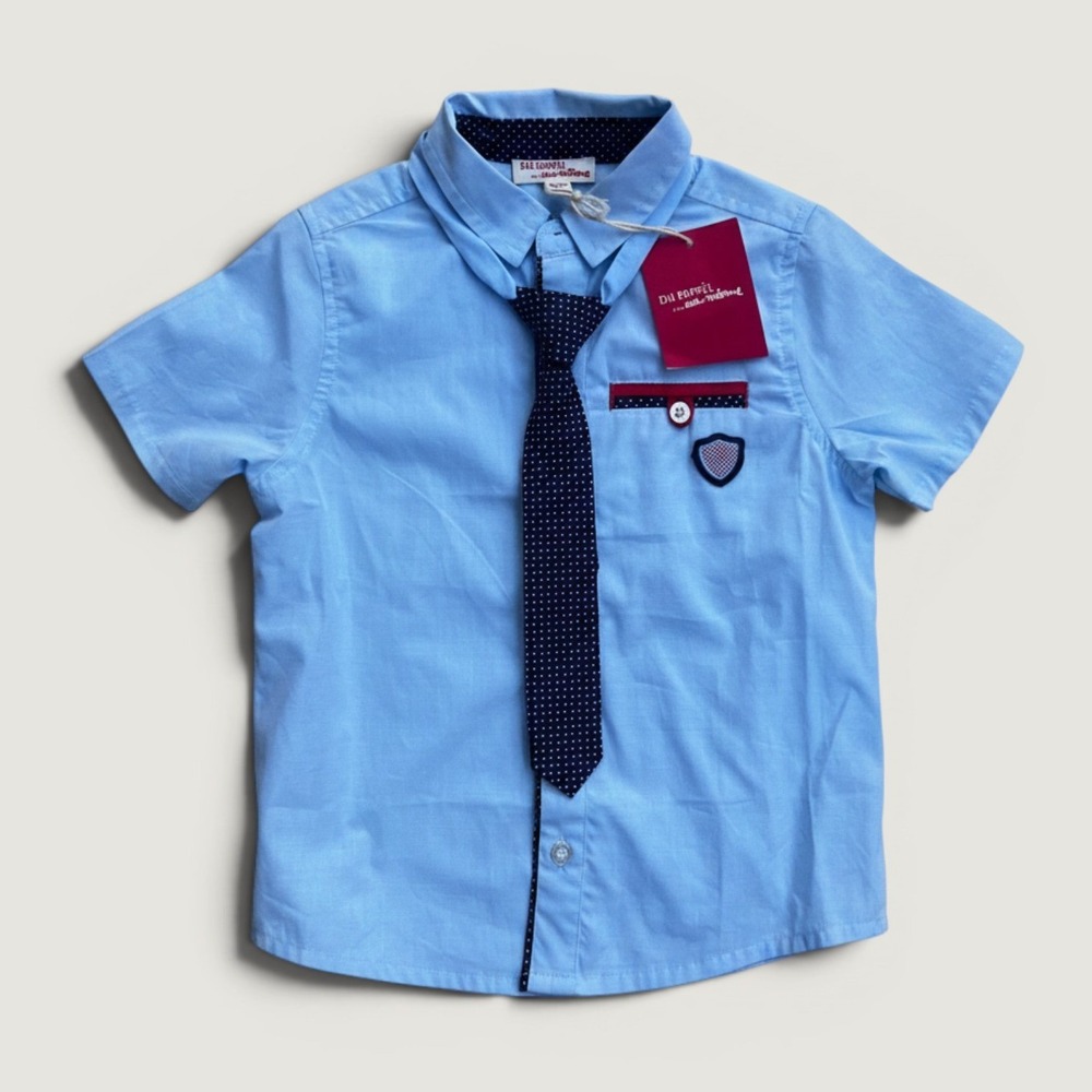Du Pareil au Meme Shirt Kids 2T Blue NEW Short Sleeve Button Down with Tie Set
